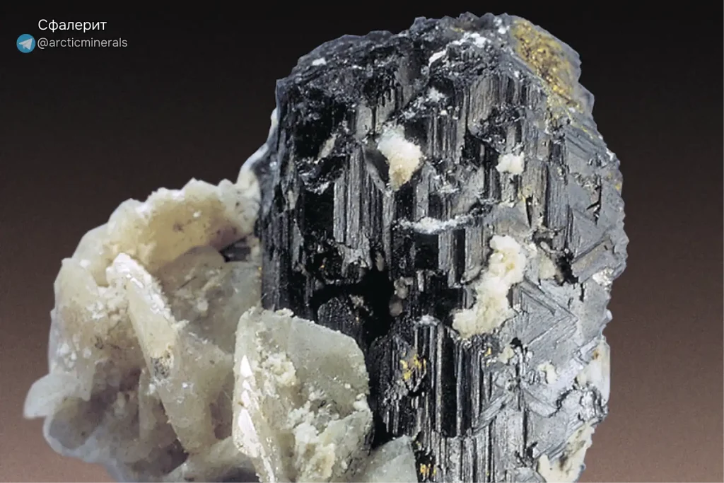 «Макросъемка сфалерита. Черный кристалл с характерными ребристыми гранями и металлическим блеском, покрытый мелкими вкраплениями белого и золотистого цвета, на фоне светлой породы