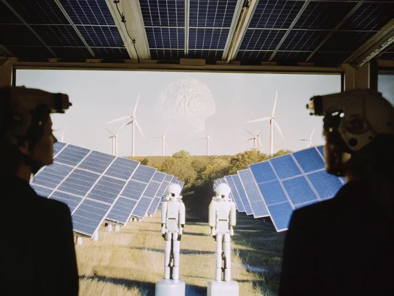 Два человека в шлемах наблюдают за экраном, на котором изображены роботы в поле с солнечными панелями и ветряными турбинами, а в небе виден силуэт головы.