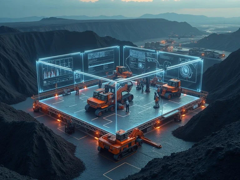 Цифровая платформа Cloud․ru Evolution Stack на угольном разрезе, оснащенная частными облаками, IoT-системами и граничными вычислениями для повышения эффективности добычи и логистики.