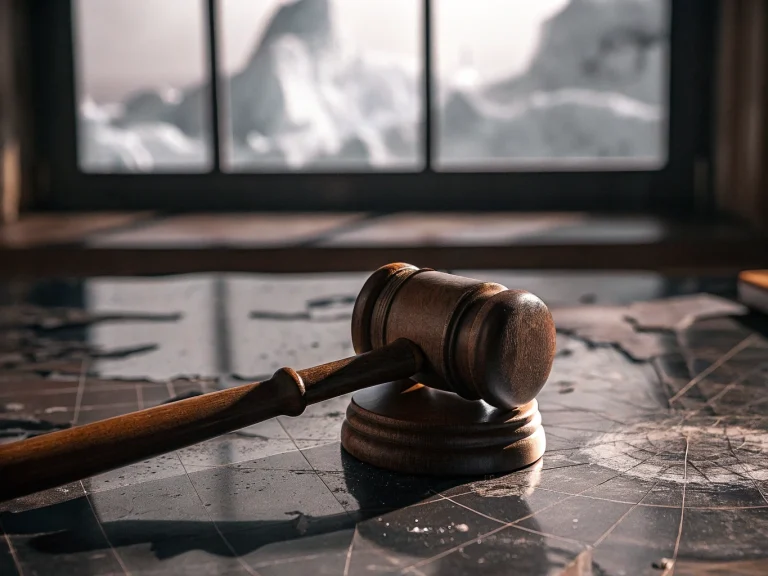 Аукционный молоток на карте Арктики, символизирующий торги за перспективные участки региона