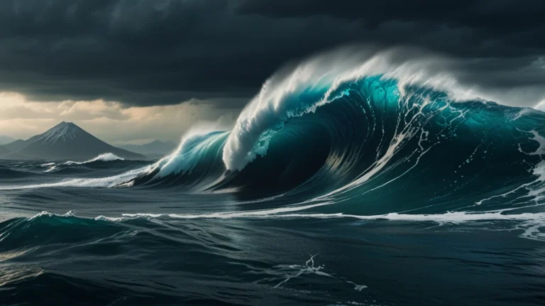 Гигантские волны бушуют в океане на фоне тёмных грозовых облаков и далёкой горы с заснеженной вершиной
