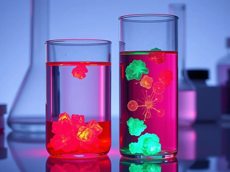 Два лабораторных стакана с люминесцентными веществами на основе редкоземельных элементов: слева — красное свечение европия, справа — зеленое свечение тербия