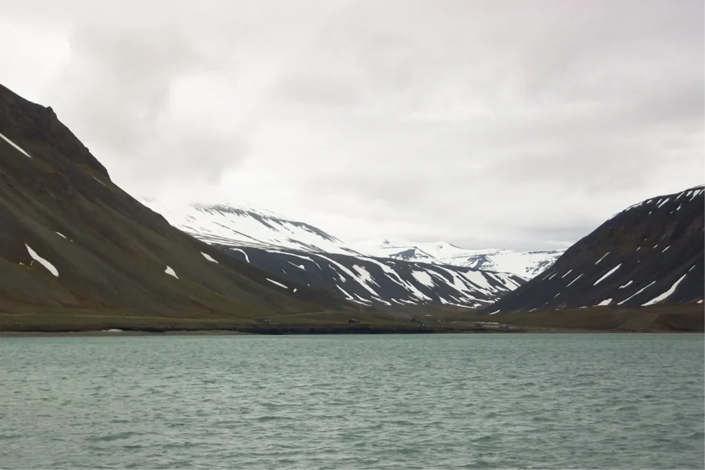 Вид на арктическую бухту и горы с заснеженными склонами под пасмурным небом

