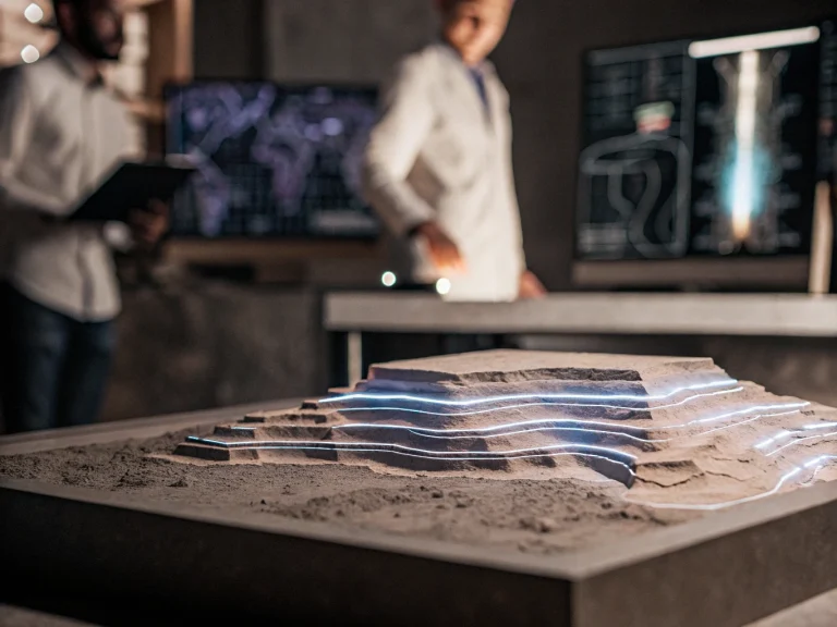 Геологи исследуют цифровую 3D-модель слоёв земной породы в лаборатории