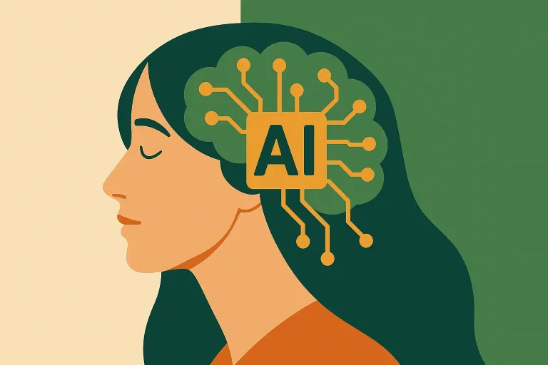 Иллюстрация женщины, окружённой символами технологий, данными и абстрактными мыслями — метафора взаимодействия человека и ИИ.