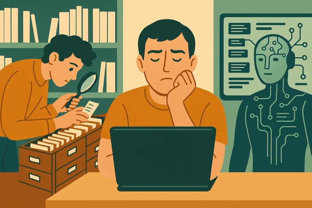 Сравнение: слева — студент с лупой в библиотеке, справа — интерфейс ИИ, в центре — задумчивый человек с ноутбуком.