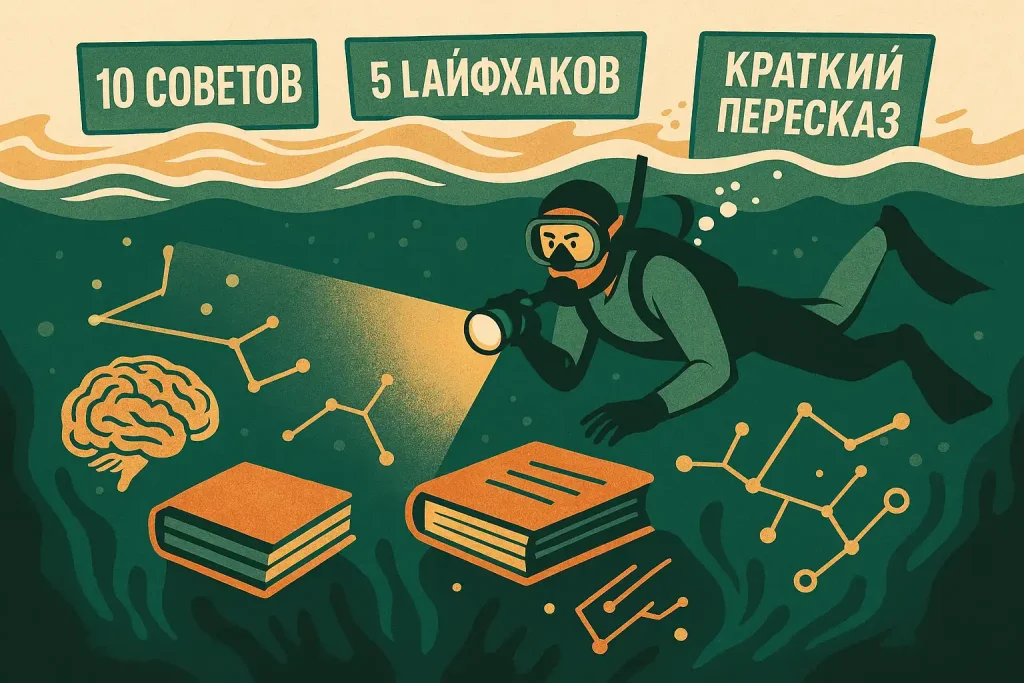 Человек в маске и с фонарём исследует глубины океана знаний, под ним — книги и нейронные связи, над ним — поверхностные ярлыки