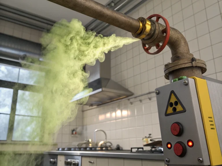 Утечка газа с желтым дымом из трубы в помещении с газовой плитой и системой сигнализации
