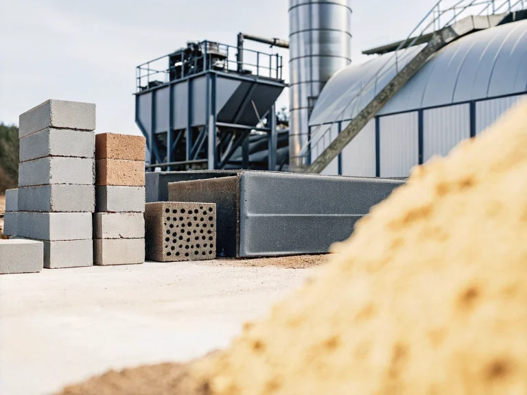 Образцы стройматериалов из переработанных отходов золотодобычи на фоне производственного комплекса компании «Альянс Алтын»