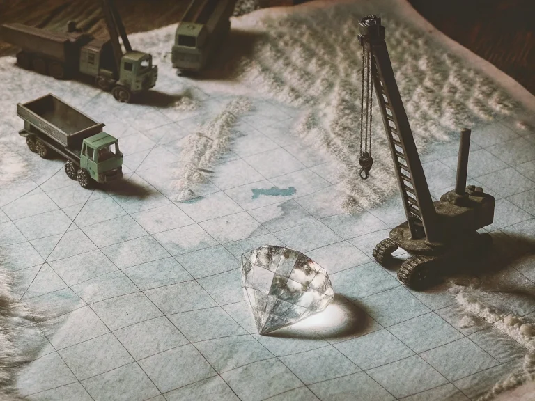 Строительная техника вокруг крупного алмаза на карте — символ геологоразведки алмазных месторождений в 2025 году