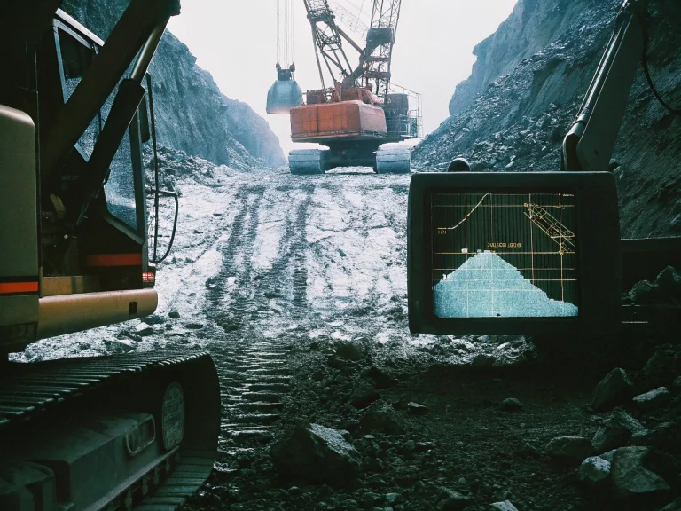 Горнодобывающая техника с монитором, отображающим данные о разработке породы в карьере