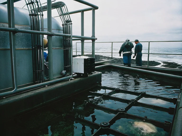 Два рабочих в защитной одежде осматривают установку на морском побережье, связанную с добычей урана из морской воды. В переднем плане – резервуар с водой и металлическими конструкциями