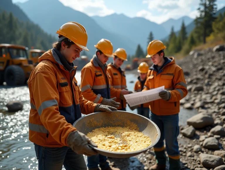 Группа рабочих в оранжевых куртках и касках исследует добычу золота у реки в горной местности, один из них держит лоток с золотым песком, другой изучает документы