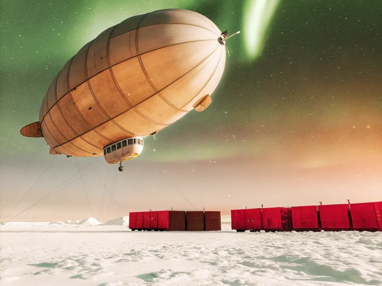 Грузовой дирижабль над арктической равниной с красными контейнерами под северным сиянием — перспективный транспорт для северного завоза