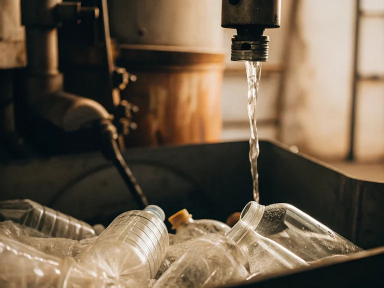 Струя воды льется из крана в контейнер, заполненный пластиковыми бутылками, в промышленной обстановке