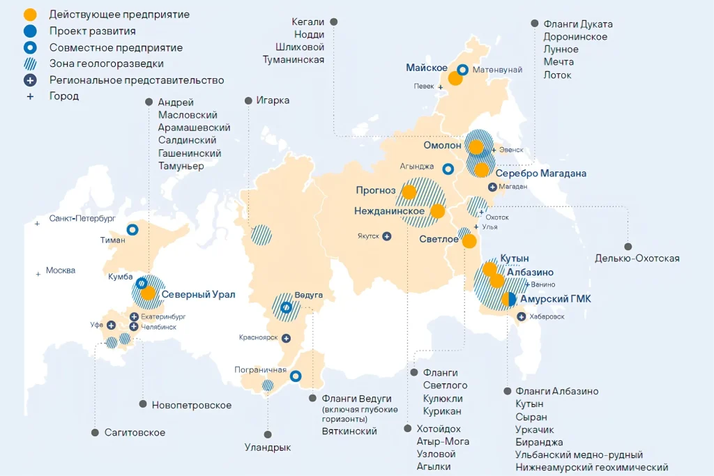 Карта геологоразведочных проектов компании Полиметалл на территории России в 2024 году: действующие предприятия, зоны геологоразведки, проекты развития, совместные предприятия.