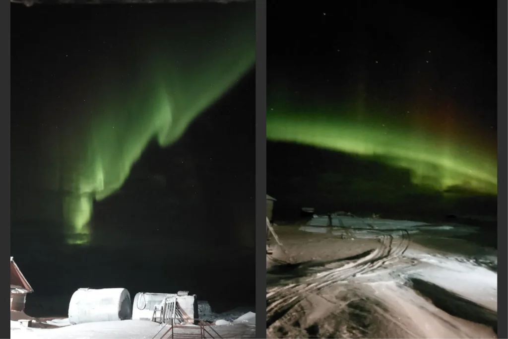 Полярные сияния, вызванные магнитной бурей, на фоне снежного пейзажа 