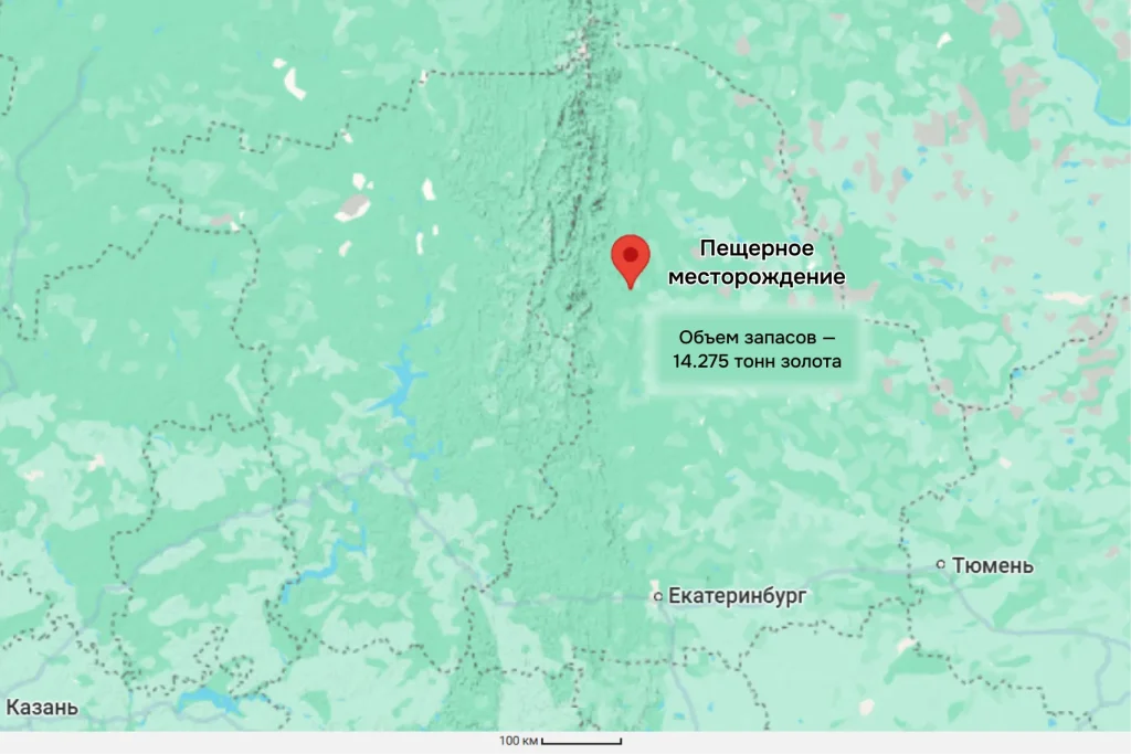 Карта расположения Пещерного месторождения на Урале с оценкой запасов — 14,275 тонн золота