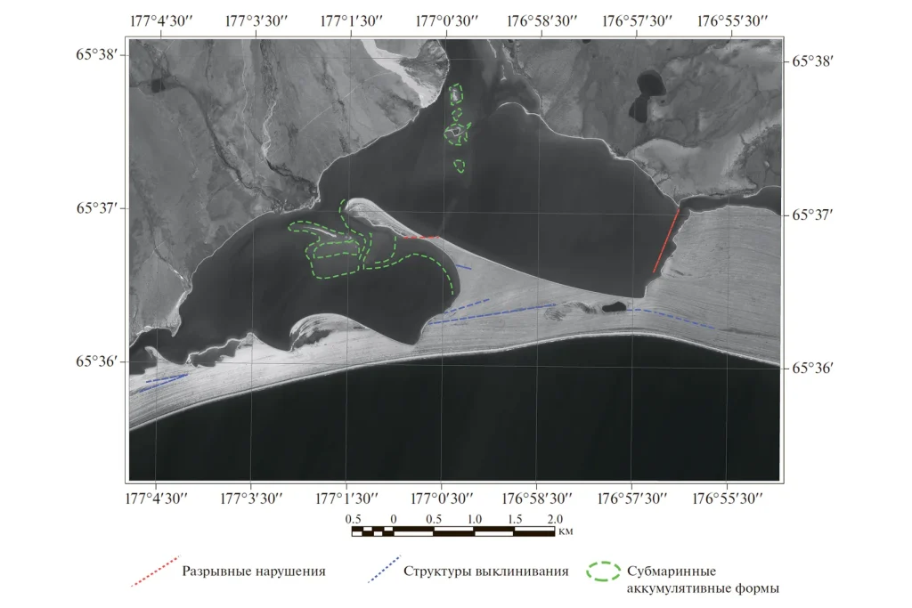 Снимок устья реки Чеутакан с разметкой геологических структур — применение космической съёмки в поиске прибрежных россыпей, Анадырский залив