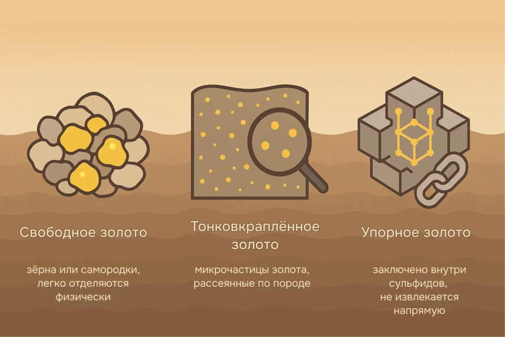 Схематичное изображение трёх типов золота: свободного (самородки), тонковкраплённого (мелкие частицы) и упорного (внутри сульфидов)
