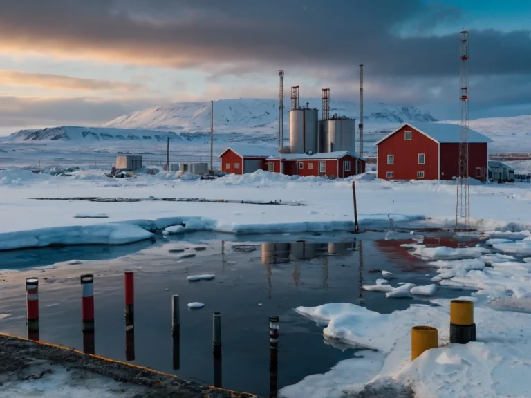 Современные датчики мониторинга вечной мерзлоты на сваях здания в арктическом ландшафте с инфраструктурой на фоне снежных просторов