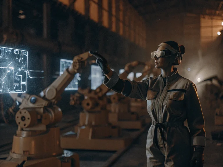 Инженер в защитном костюме и AR-очках работает с голографическим ИИ на фоне высокотехнологичного завода