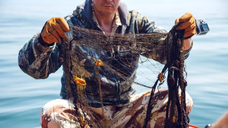 Рыбак вытаскивает пластиковую сеть из моря — загрязнение океана, гибель морских животных, запрет на сброс всех видов пластика в России