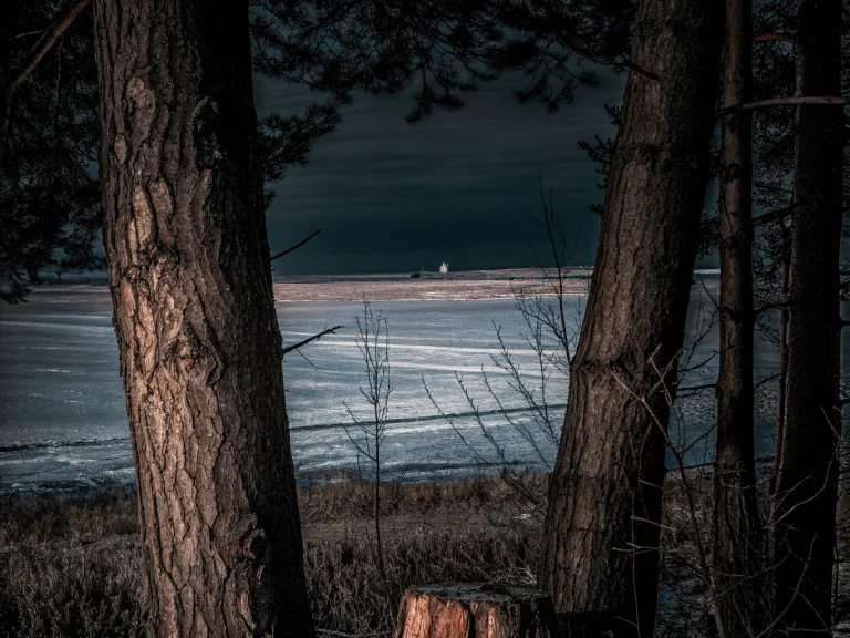 Малый ледниковый период XXI века: заснеженный пейзаж с замёрзшими реками, древними деревьями и учёными, изучающими климатические данные