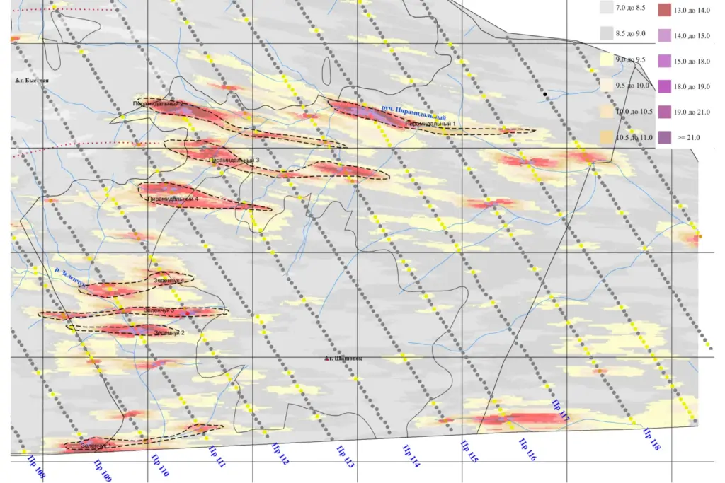 Геохимическая карта аномалий, построенная по результатам экспресс-анализа