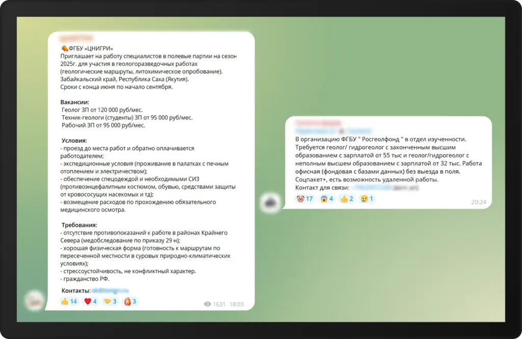 Скриншот объявлений о найме геологов от ЦНИГРИ и ФГБУ «Росгеофонд» в Telegram- и ВК-чатах. Указаны вакансии полевых геологов и техников со ставками от 31 000 до 120 000 рублей. Условия включают проживание в палатках, питание и выдачу СИЗ. Упоминается возможность удалённой работы