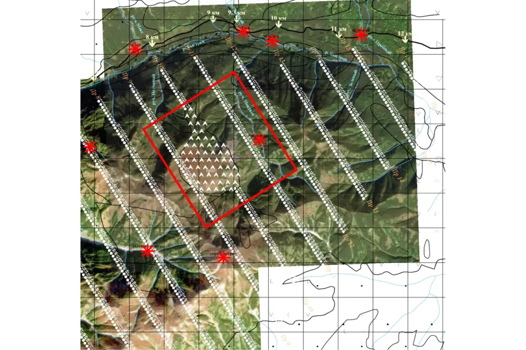 Карта маршрутов геохимической съёмки с отмеченными водопадами и запрещёнными для прохода зонами