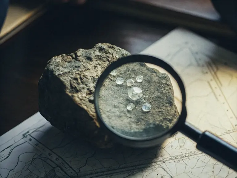 Алмазы Анабарского месторождения в кимберлите — исследование образца с лупой. Компания «Алмазы Анабара»