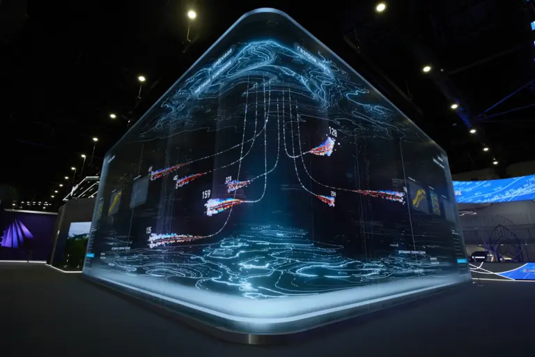 **Альтернативная подпись (alt-тег):** Инновационный арт-проект «Террабайт» от «Газпром нефти» на ПМЭФ 2025 — цифровая инсталляция, визуализирующая данные геологоразведки и подземные структуры месторождений.