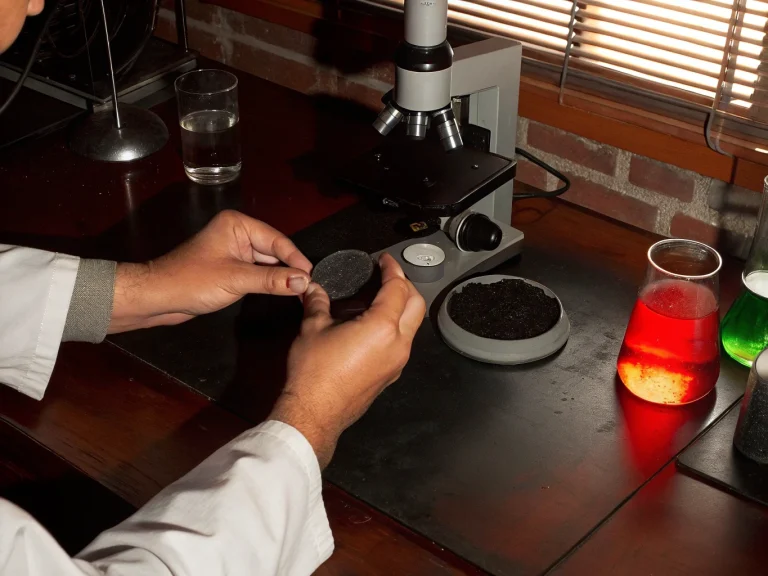 Ученый в лаборатории изучает композитный материал из углерода и палладия