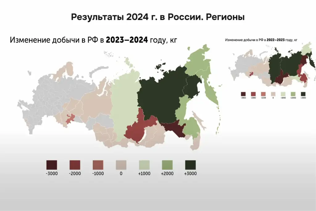 Изменение объёмов золотодобычи по регионам России в 2024 году по сравнению с 2023: где прирост, а где спад.