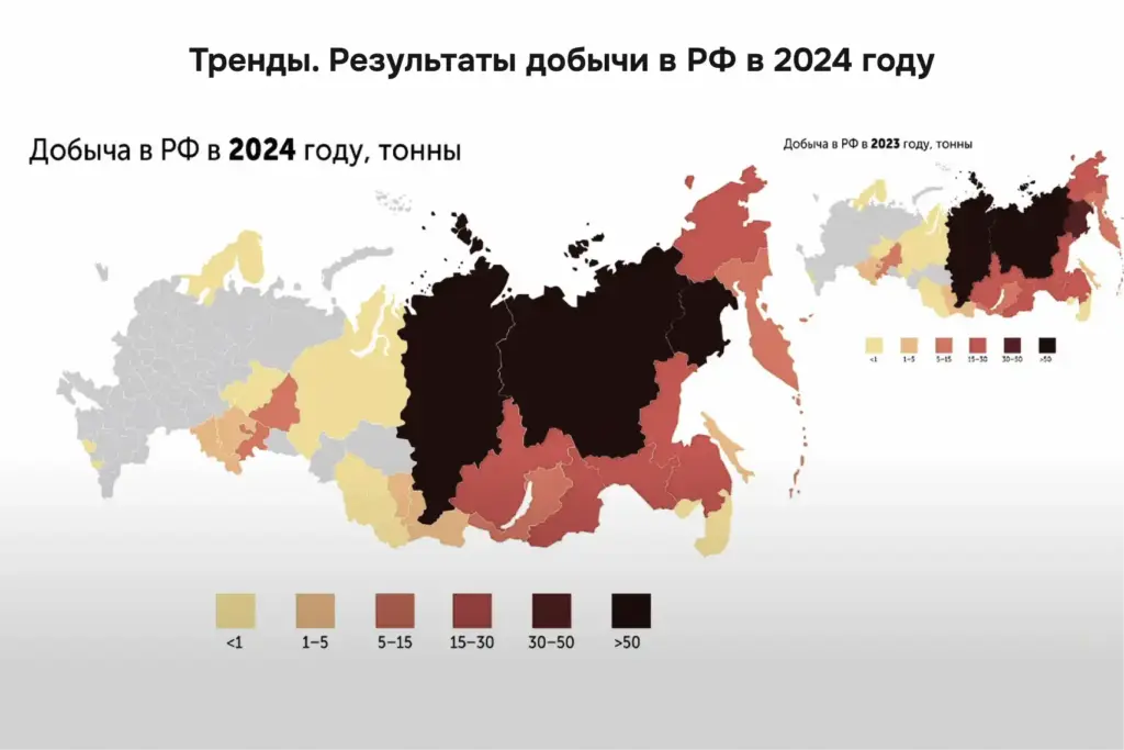 Карта золотодобычи в России в 2024 году по регионам: динамика, лидеры и изменения по сравнению с 2023 годом