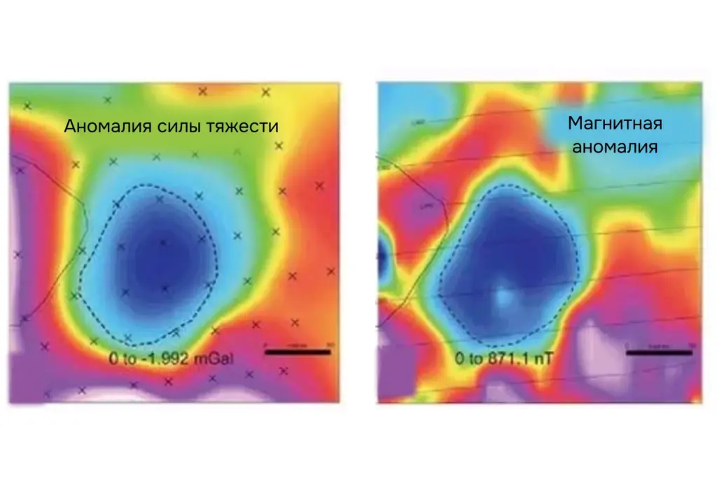 Геофизическая карта с гравиметрической и магнитной аномалиями, указывающими на наличие кимберлитовой трубки