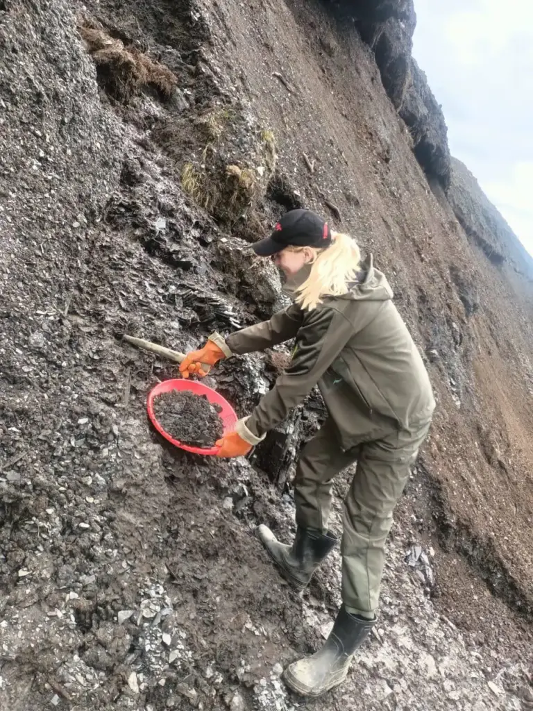 Алина Павловская, геолог.
Женщина в дождевике и резиновых сапогах проводит отбор проб на рассыпном месторождении. Работает с лотком на склоне в тяжёлых условиях