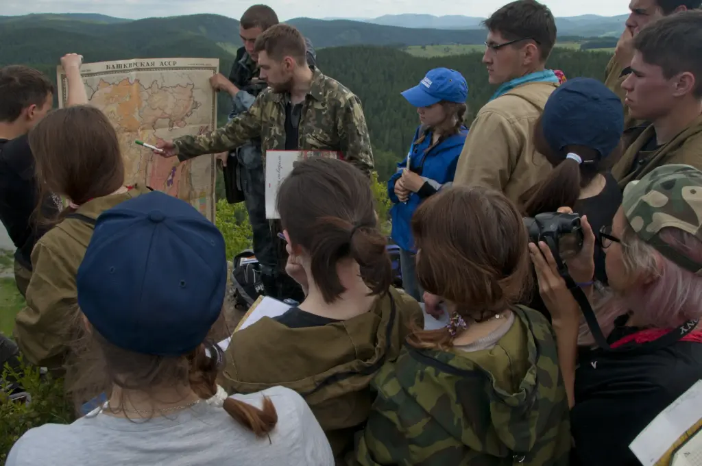 Полевое занятие по геологии: студентам объясняют структуру региона по карте Башкирской АССР