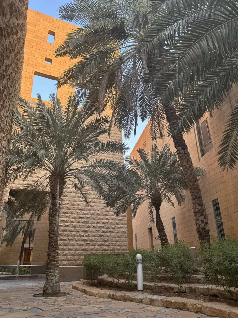 Вид на современный архитектурный комплекс с пальмами в Эр-Рияде — символ сотрудничества России и Саудовской Аравии в сфере недропользования и геологоразведки