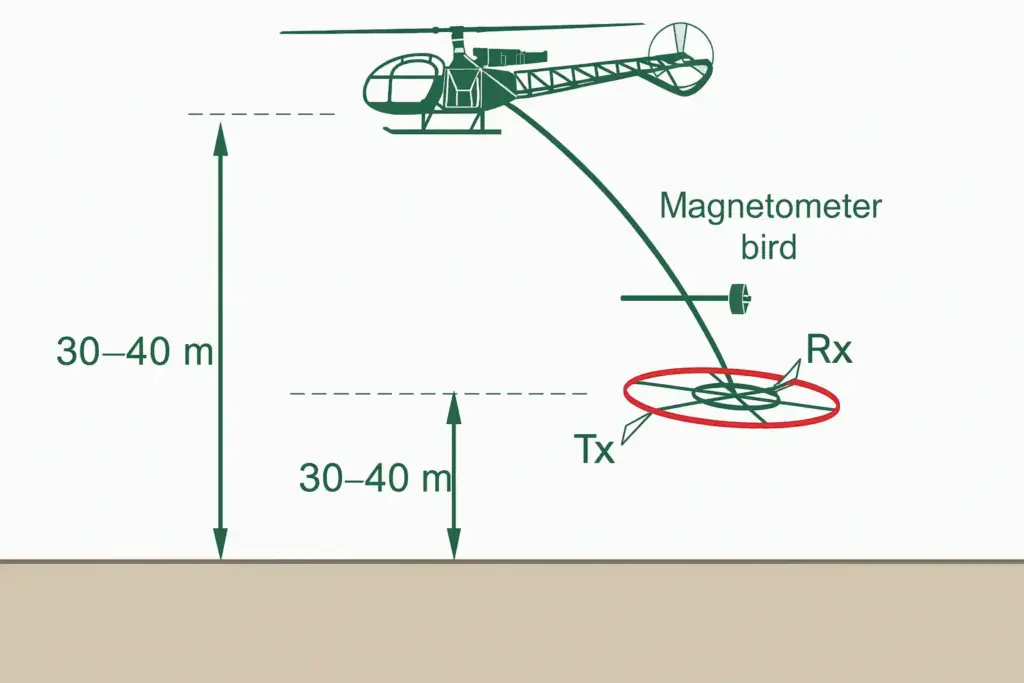 Аэро- электроразведка: передатчик и приёмник на подвеске для измерения электропроводности пород