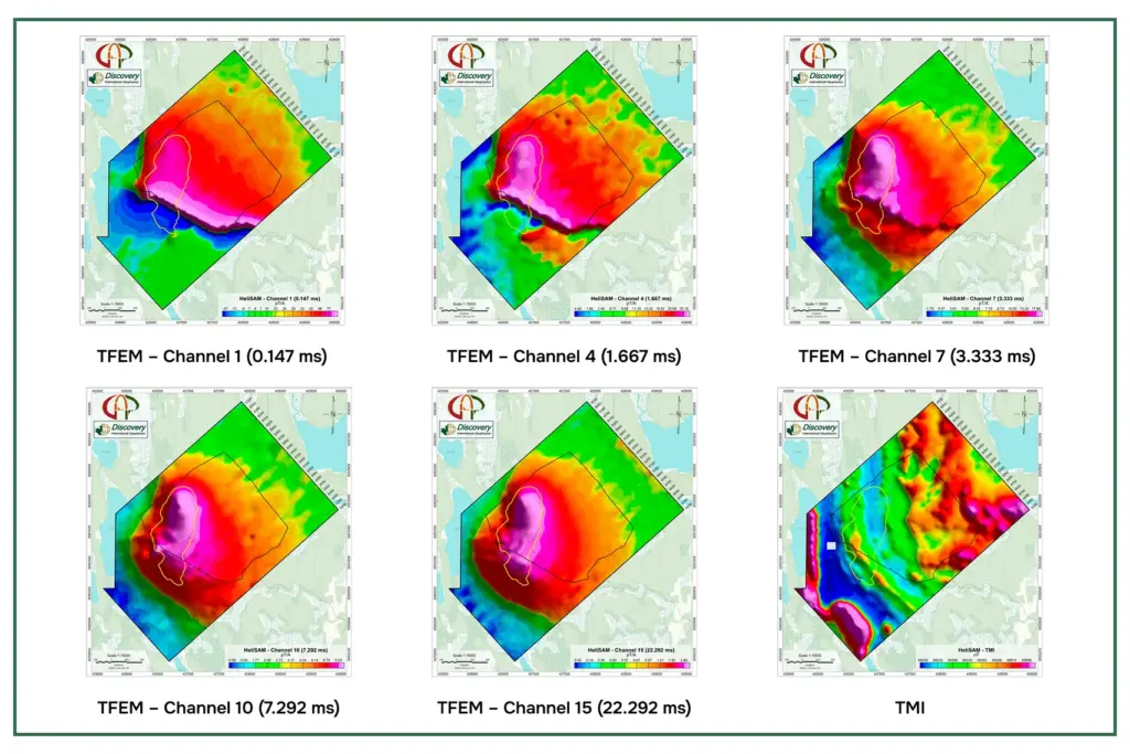 HeliSAM результаты: карты электромагнитных аномалий по временным каналам (TFEM, Channels 1–15) и карта полного магнитного поля (TMI)