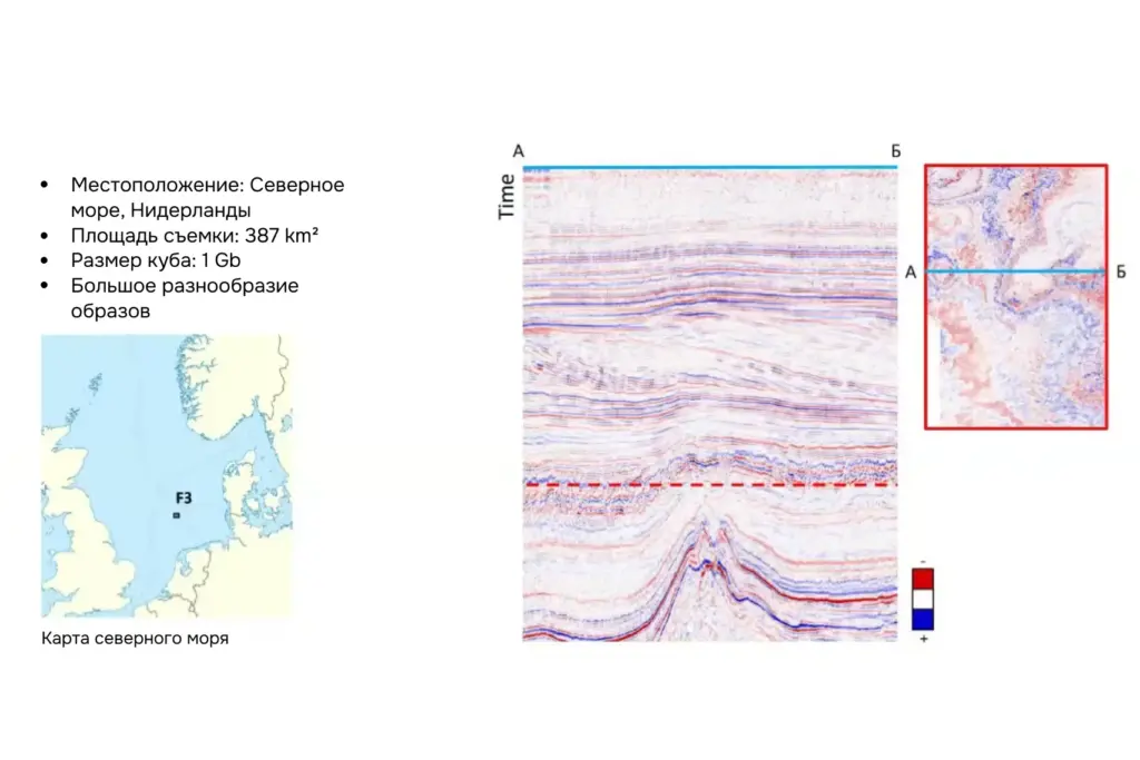 Сейсмические данные по Северному морю: карта района съёмки и примеры куба объёмом 1 Гб с большим разнообразием геологических образов