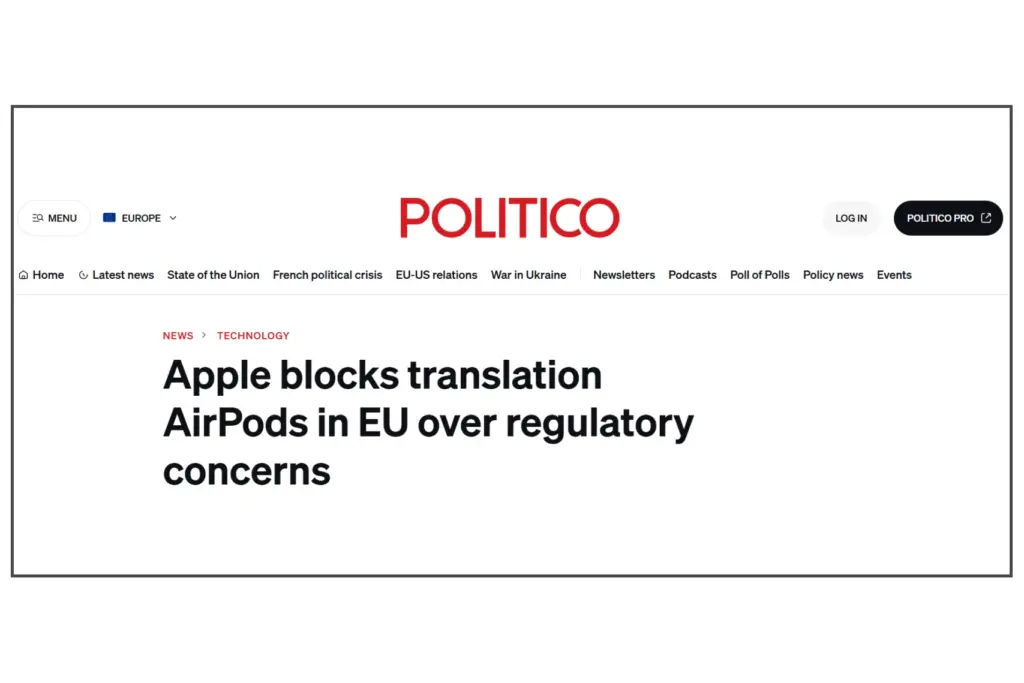 Заголовок Politico: Apple блокирует перевод в AirPods в ЕС из-за регуляторных требований