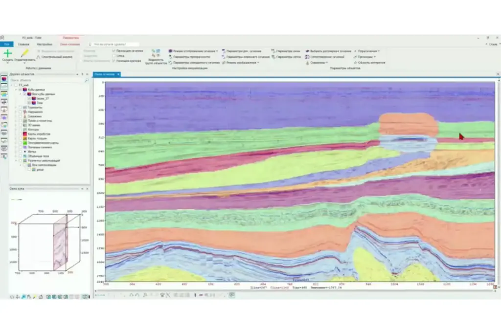 Сейсмический разрез с цветовой раскраской слоёв: результат работы искусственного интеллекта по выделению палеоканала и геологических тел