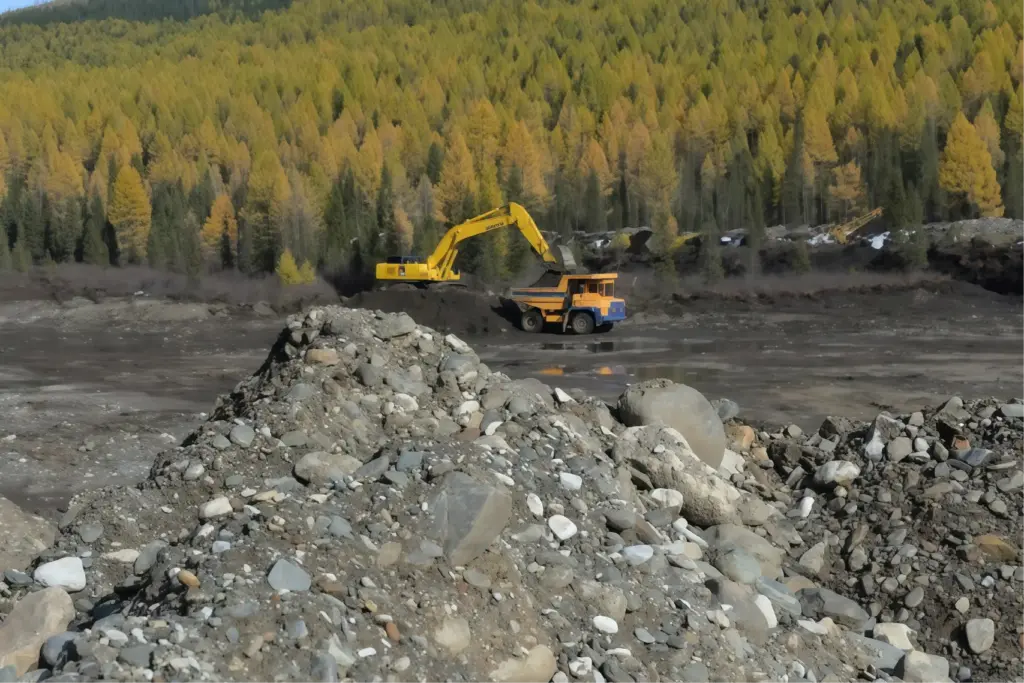 Экскаватор и самосвал на россыпном месторождении золота в Магаданской области, горные работы и рекультивация после промывки