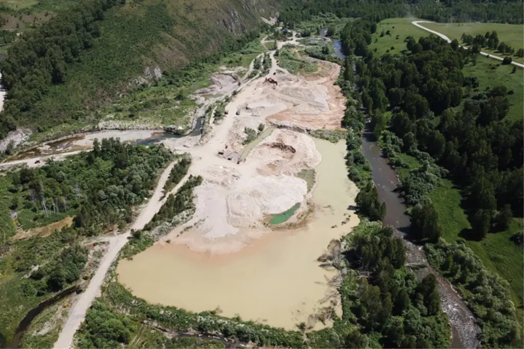 Россыпное месторождение золота с высоты, участок добычи и илоотстойники на реке в Сибири — вид на последствия золотодобычи