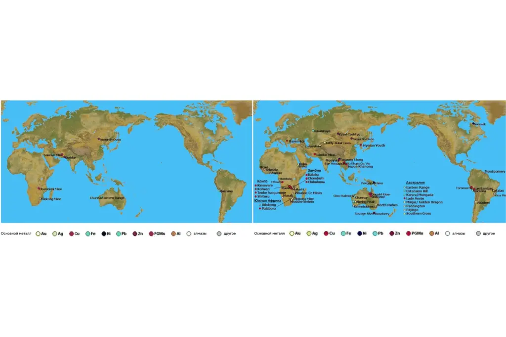Карта зарубежных месторождений и горнодобывающих активов Китая в 2005 году (слева). Карта зарубежных месторождений и горнодобывающих активов Китая в 2018 году, рост глобального присутствия Китая в добыче металлов (справа)