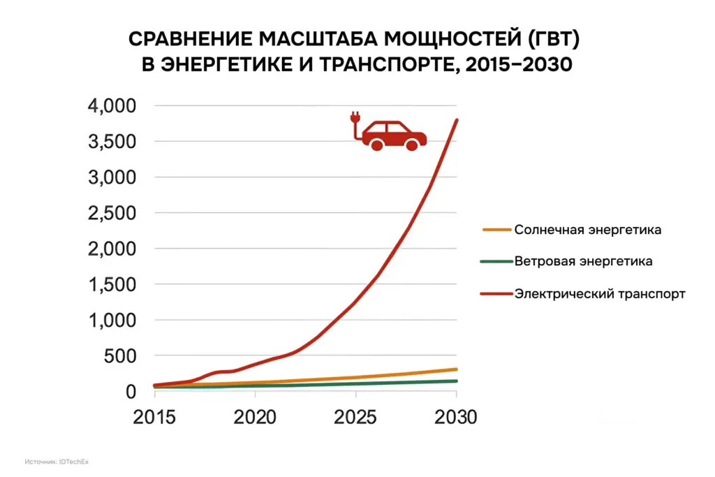 Рост мировых мощностей солнечной и ветровой энергетики и электрического транспорта, 2015&ndash;2030 годы