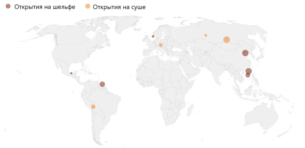 Карта новых месторождений нефти и газа в 2024 году: точки крупнейших открытий на шельфе и на суше в Восточной Африке, Юго‑Восточной Азии, Латинской Америке, Европе и Евразии, показывающая смещение географии разведки углеводородов в сторону офшорных проектов и формирование будущих районов добычи природного газа